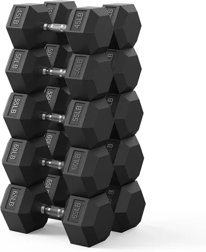 Vista 20 de PAPABABE Juego de mancuernas hexagonales de 45 a 550 libras, mancuernas de gimnasio en casa con revestimiento de goma, mancuernas para mujeres