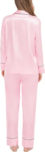 Vista 4 de SWOMOG Pijama de satén para mujer, de manga larga, de seda, suave, con botones, tallas S-XXL