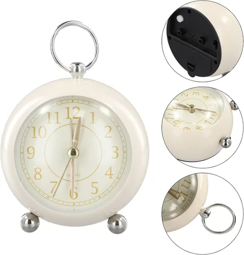 Vista 3 de Reloj despertador vintage de metal de mesa de 3.5 pulgadas colgante para anillo de noche despertador simple silencioso sin tictac con luz nocturna