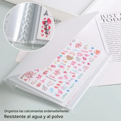 Vista 4 de 1 pieza libro de almacenamiento de calcomanías transparentes de 40 ranuras, organizador de calcomanías de uñas para coleccionar calcomanías, libro