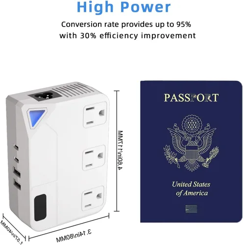 Vista 12 de Enchufe de conversión de 250 W, convertidor de viaje internacional con 2 puertos USB y 2 puertos USB-C, reducción de 220 V a 110 V para áreas de 100