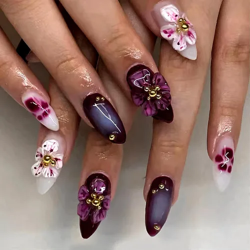 Vista 8 de Uñas postizas largas a presión con forma de almendra, color azul Seeneey