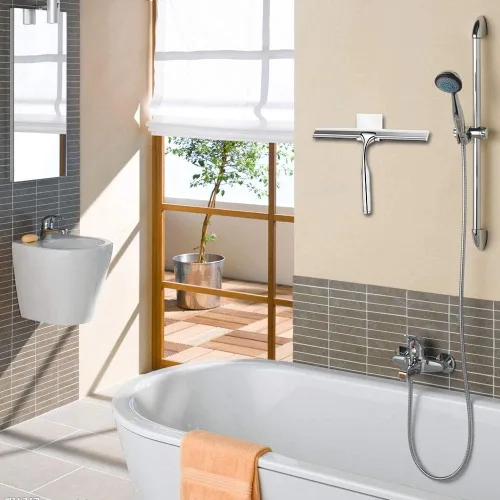 Vista 2 de Escobilla de ducha de acero inoxidable con gancho autoadhesivo, escobilla de ventana para puertas de ducha, limpiadores de espejo de baño, limpieza