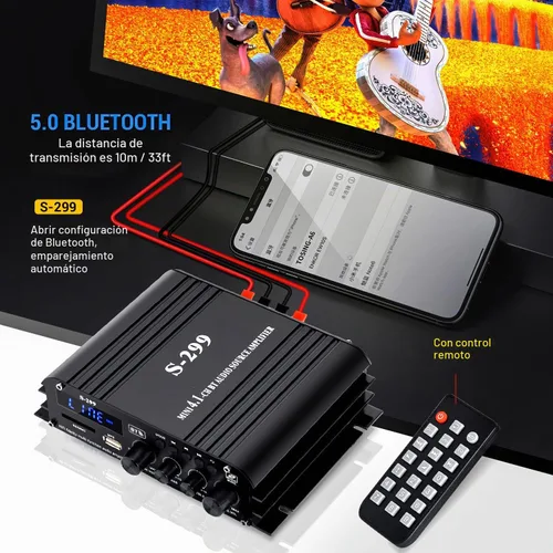 Vista 5 de Amplificador de audio Bluetooth S299 Max 800W para el hogar, RMS 40Wx4 4.1CH Amplificador de potencia Bluetooth con subwoofer activo, sistema