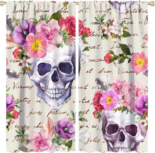 Vista 29 de Cortinas de cabeza de calavera, calavera blanca y rosas rojas con ramas y hojas negras, cortinas opacas decorativas para sala de estar, dormitorio