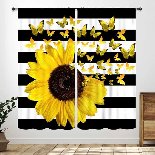 Vista 11 de Cortinas infantiles de abejas, cortinas de campo de primavera de acuarela de girasoles florales de nido de abeja, adorables abejas, cortinas