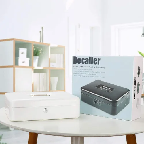 Vista 7 de Decaller - Caja de dinero en voladizo de metal con cerradura de llave, caja de dinero grande con 5 compartimentos y 4 clips con resorte