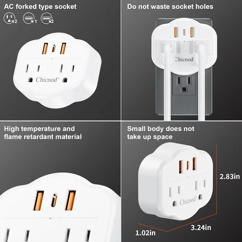 Vista 7 de Extensor de toma de pared 5 en 1 con USB y tipo C, protector de sobretensiones, 2 salidas de CA, 1050J ignífugo, certificado ETL/FCC, compacto