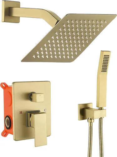 Vista 8 de JOYWELL - Grifo de ducha dorado cepillado, cabezal de ducha de 8 pulgadas Accesorios de ducha de equilibrio de presión de 2 funciones,Pulverizador