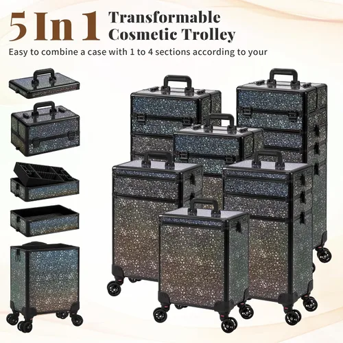 Vista 2 de AROUS Estuche de Maquillaje Rodante 5 en 1, Estuche de Cosmetología con Ruedas, Organizador de Cosméticos Grande, Carro de Viaje para Peluquero