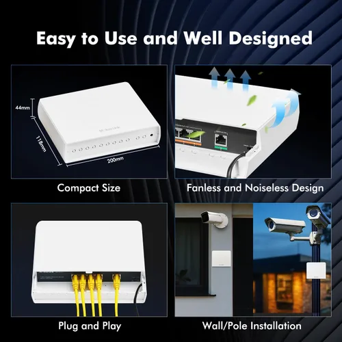 Vista 5 de MokerLink Interruptor POE Gigabit para exteriores de 5 puertos, con 4 puertos POE+ de 1000 Mbps, 78 W IEEE802.3af/at, interruptor sin ventilador