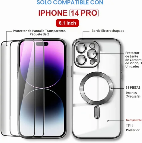 Vista 3 de Magsafe - Funda magnética transparente para iPhone 14 Pro con protector de pantalla y funda para cámara, galvanizada transparente para Negro
