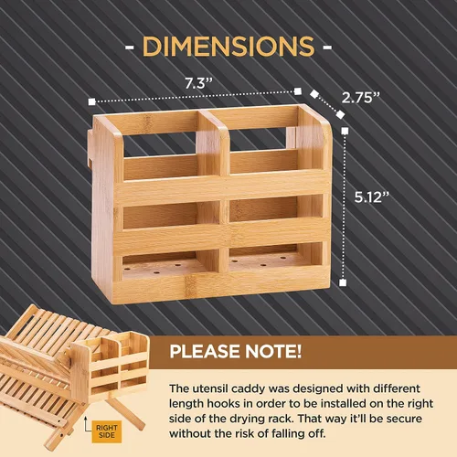 Vista 8 de Porta Utensilios de Bambú para Escurridor de Platos - Organizador para Cubiertos y Utensilios con Ganchos - Compatible con Escurridores de Platos