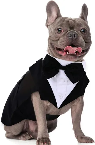 Vista 24 de DORA BRIDAL Esmoquin para perros pequeños, traje de perro y corbatín, traje formal de boda para perros, conjunto de esmoquin y bandana para Negro