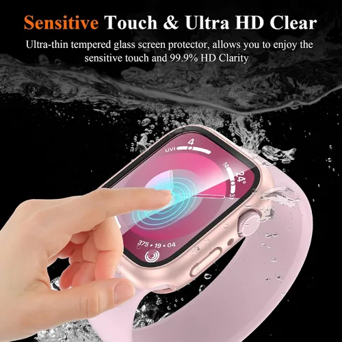 Vista 6 de YMHML Funda para Apple Watch Series 9/8/7 de 1.614 pulgadas, protector de pantalla de vidrio templado 360, cubierta frontal de policarbonato duro +