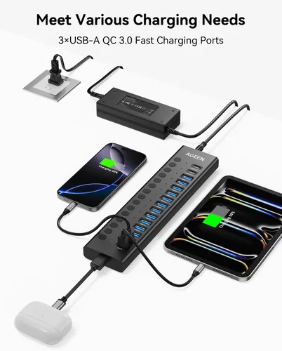 Vista 5 de Hub USB alimentado, concentrador USB 3.2 de 16 puertos AGEEN
