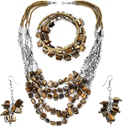 Vista 13 de Beaded Necklace, Earrings and Bracelet Jewelry Set for Women Beige