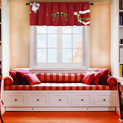 Vista 4 de Cenefas de cortina de cocina de Navidad, Navidad, invierno, cenefas pequeñas con bolsillo para barra, decoración de cortinas cortas de Navidad