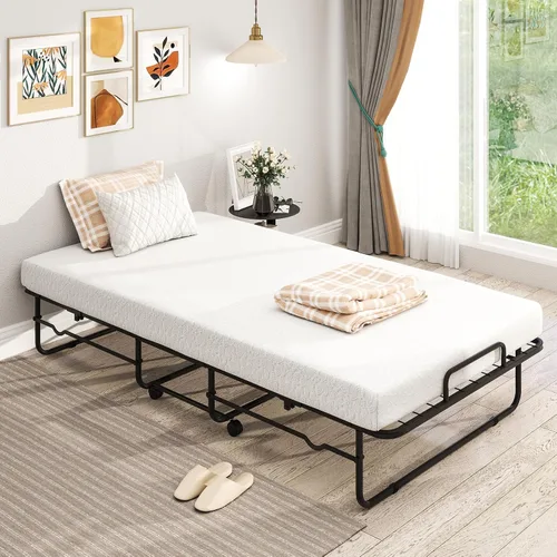 Vista 2 de Giantex Cama plegable individual con colchón, cama portátil enrollable con marco de metal resistente, cama plegable que ahorra espacio con colchón