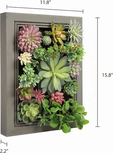 Vista 6 de Arte de pared de suculentas artificiales 3D, arreglo de flores falsas con marco floral, decoración de pared para decoración de habitación, fondo