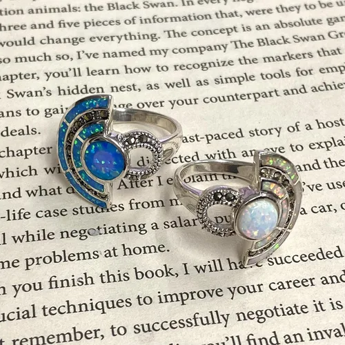 Vista 2 de Art Deco Style Egyptian Wallace Simpson Ring with Gilson Opal and Marcasite Stone 925 Sterling Silver