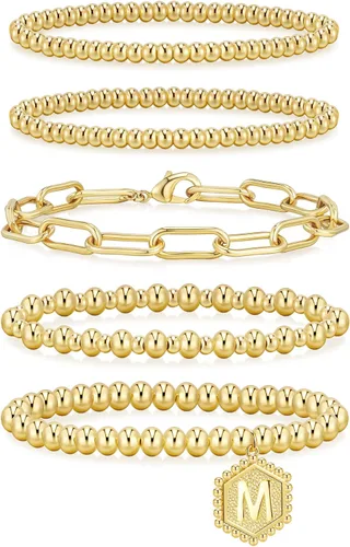 Vista 19 de adoyi - Pulseras de oro para mujer, impermeables, con cuentas de bolas chapadas en oro de 14K, pulseras ajustables apilables para regalos