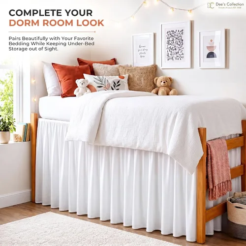 Vista 8 de Dorm Ruffle Twin XL 28" Drop Extra Long BedSkirt, Premium Brushed Microfiber Tailored Drop, Put On Elastic Long Dust Ruffle, Split Corner, Bedroom