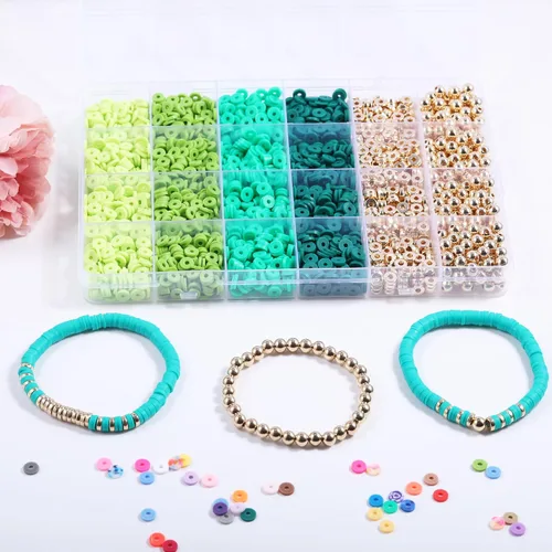 Vista 2 de 3020 cuentas de arcilla para suministros de joyería, kit de pulsera de la amistad con cuentas doradas (verde)