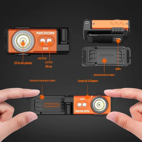 Vista 3 de NICRON Linternas recargables D10, mini linterna EDC de 500 lúmenes altos con imán de rotación de 360°, luces RGB y UV, IP54 impermeable, faro Naranja