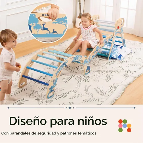 Vista 8 de WINGYZ Pikler Triangle Set, Montessori 8 en 1 Juego de escalada con cojín Azul