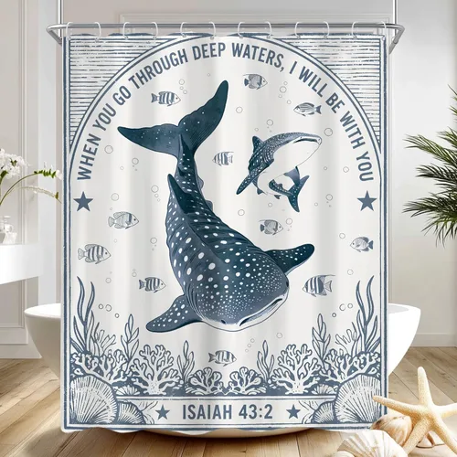 Vista 24 de Riyidecor Ocean - Cortina de ducha para niños, 60 pulgadas de ancho x 72 pulgadas de alto, diseño de ballena, dibujos animados, animales, delfín