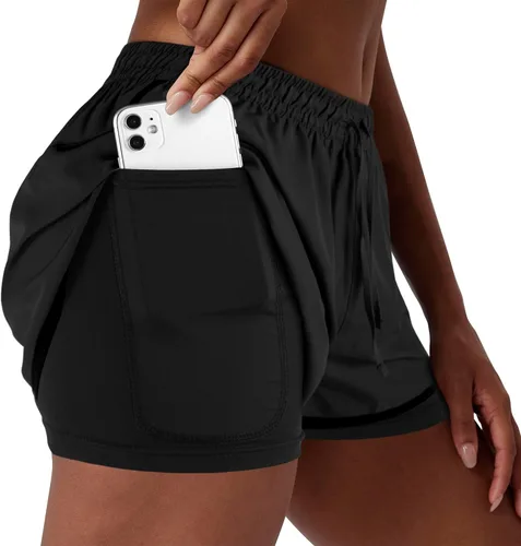Vista 2 de Pantalones cortos de correr 2 en 1 para mujer, para gimnasio, yoga, entrenamiento, pantalones cortos atléticos, pantalones cortos de cintura alta