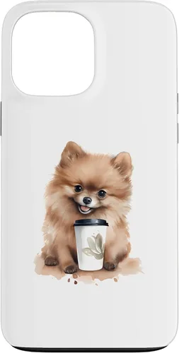 Vista 24 de iPhone 16 Pomerania perro con café estilo acuarela caso