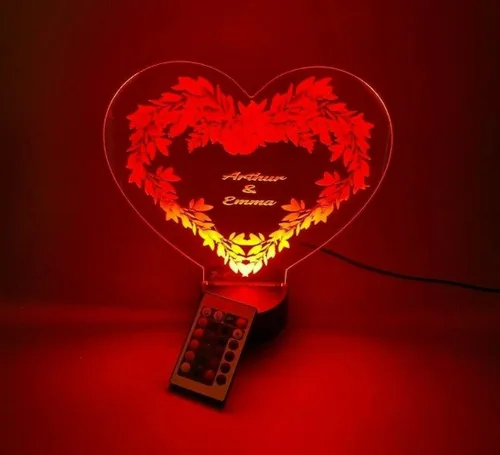 Vista 7 de MIRROR MANIA Heart with Flowers UV Printed Couples Night Light Up Table Lamp LED Personalized Free Engraved Names Dates Words Made to Order Custom