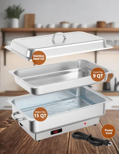 Vista 2 de GarveeHome Juego de bufé eléctrico de acero inoxidable con 1 sartén y tapa de 9 cuartos de galón, control de temperatura de 400 W, 86-200 °F