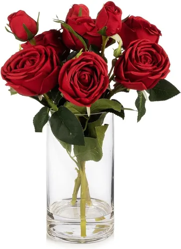 Vista 9 de ENOVA FLORAL 9 cabezas de rosas artificiales de seda en jarrón, arreglo de rosas sintéticas en jarrón con agua sintética para centros de mesa Champán