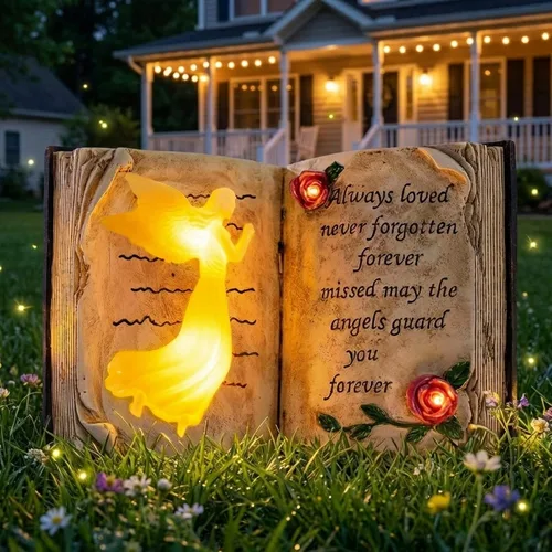 Vista 10 de Estatua conmemorativa de alas de ángel de 12 pulgadas con cruz y vela LED, regalo de condolencia por duelo, decoración de figura de jardín