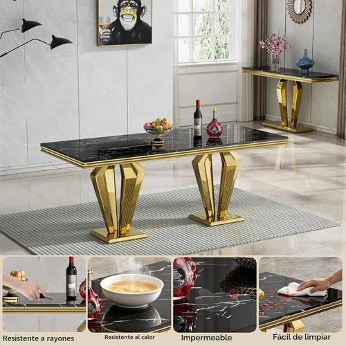 Vista 5 de HomVent Juego de mesa de comedor de mármol sintético de 68 pulgadas con 4 Mesa negra con 4 sillas beige
