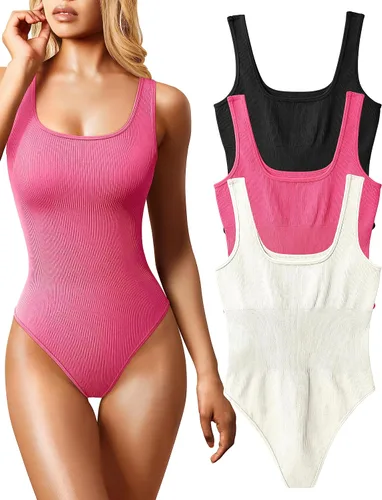 Vista 10 de OQQ Body de 3 piezas para mujer, sexy, acanalado, sin mangas, cuello cuadrado, camiseta sin mangas, leotardo, trajes de moda 2025 negro azul blanco