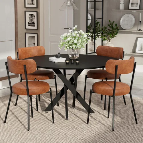 Vista 17 de Moderno juego de mesa de comedor redonda de 3 piezas, mesa de MDF circular negra y 2 sillas de comedor negras Boucle, muebles de cocina con marco