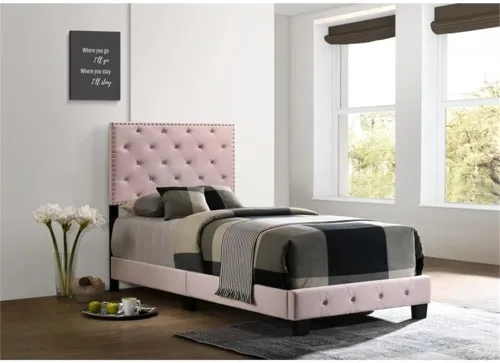Vista 2 de Maklaine Moderna cama individual tapizada de terciopelo, 42 pulgadas de ancho x 77 pulgadas de profundidad x 47 pulgadas de alto, acabado rosa