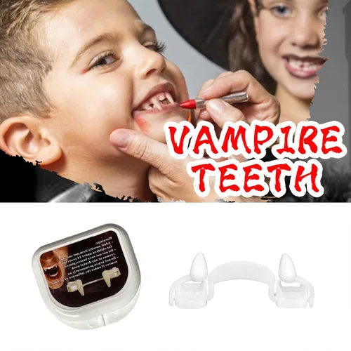 Vista 4 de Wonsunss Colmillos de vampiro, dientes retráctiles de Halloween, espeluznantes colmillos falsos de vampiro para niños y adultos, dientes falsos