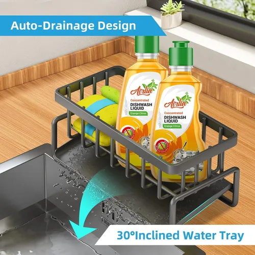 Vista 3 de Soporte de esponja para fregadero de cocina, organizador de fregadero de cocina autodrenante, organizador de esponja de acero inoxidable con estante