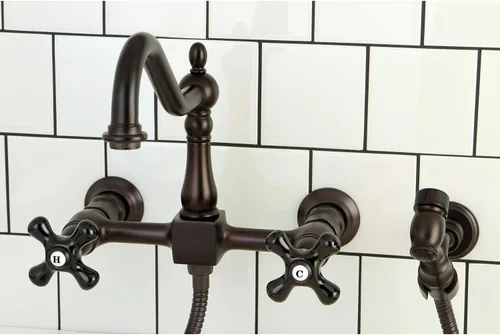 Vista 2 de Kingston Brass KS1245PKXBS Grifo de cocina con puente de montaje en pared de duquesa con spray de latón, bronce aceitado