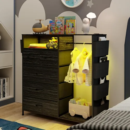 Vista 8 de Espelism Cómoda para dormitorio con perchero, bolsillos laterales, cómoda de 5 cajones con estación de carga, luces LED, cómoda de almacenamiento