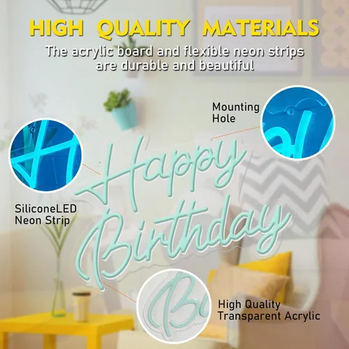 Vista 7 de Letrero de neón de feliz cumpleaños, reutilizable, luz nocturna LED de neón azul hielo, decoraciones de fiesta de cumpleaños, funciona con USB