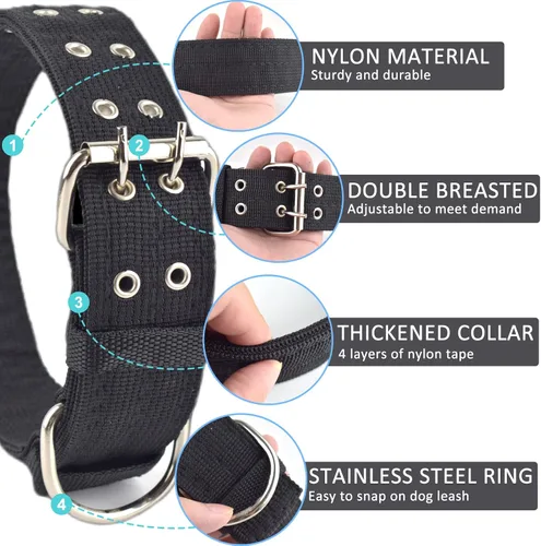 Vista 3 de Collar de perro ajustable militar de 1.5 pulgadas de ancho, anillo en D de metal y hebilla de 2 filas, collar táctico grande mediano de nailon negro