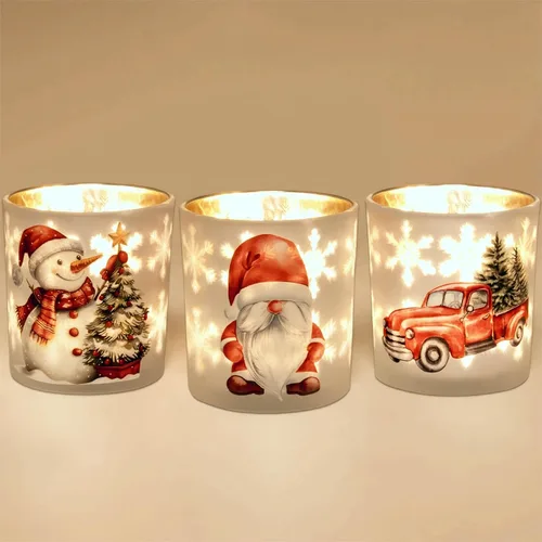 Vista 10 de Portavelas votivas, juego de 3 portavelas de Navidad de cristal negro y dorado, portavelas de té con Papá Noel, reno, patrón de árbol Xmax