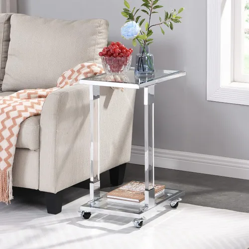 Vista 8 de Mesa auxiliar de cristal dorado en forma de C con ruedas móviles, mesa de acrílico para sala de estar, mesa C transparente para dormitorio, muebles