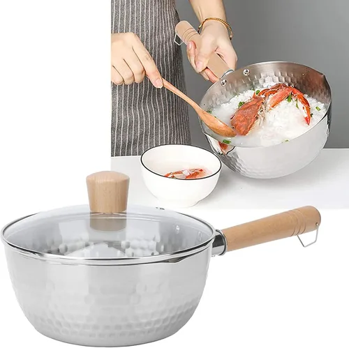 Vista 9 de Cacerola de acero inoxidable 304, mango antiquemaduras de madera maciza con gancho, sartén multiusos con boquillas para verter, olla de salsa, olla